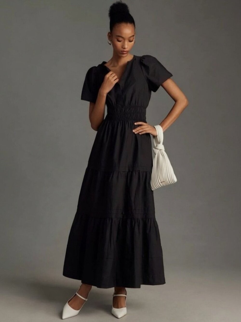Anthropologie Somerset Maxi Dress Black Tiered Cotton Poplin Smocked Waist S